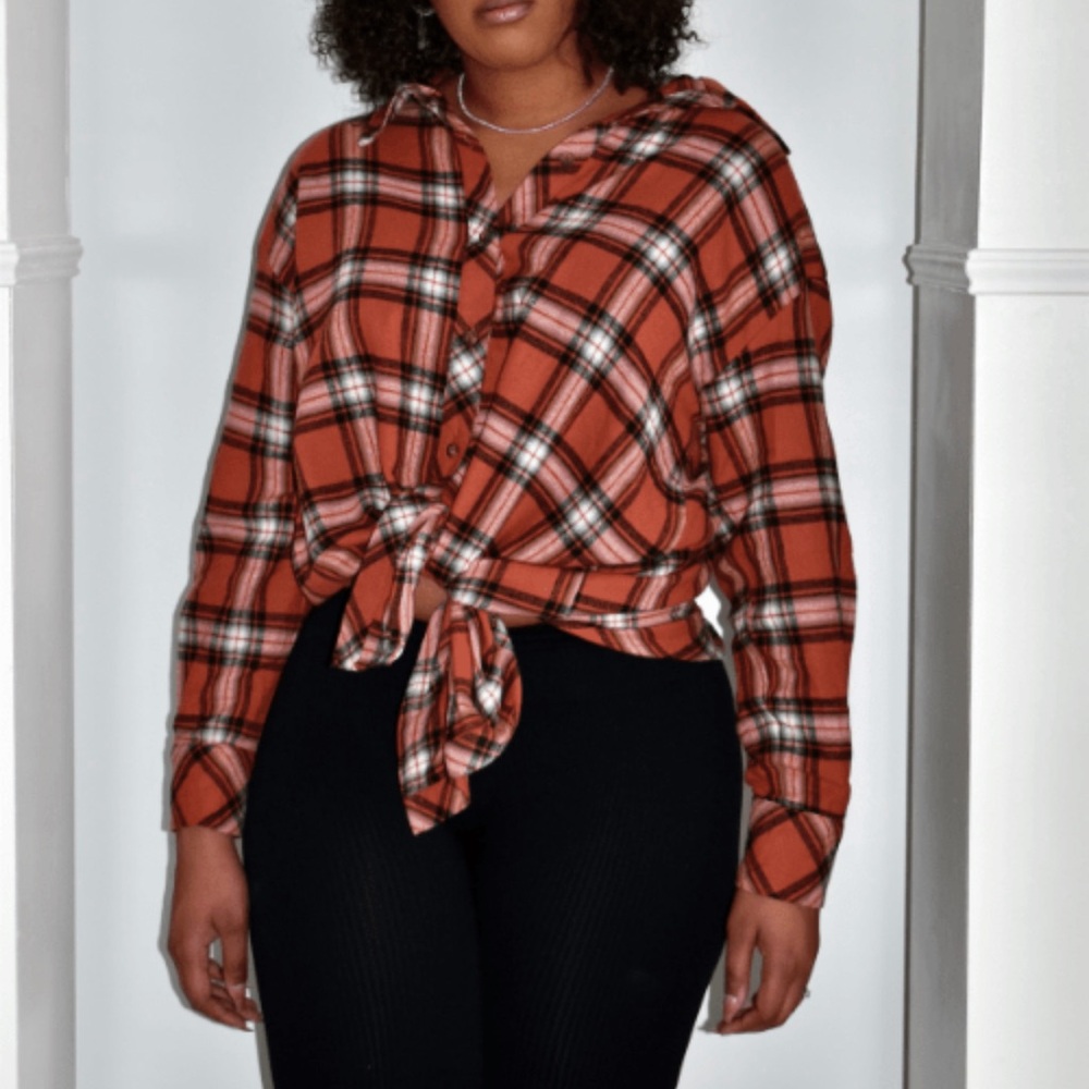 Rust Plaid Button Down Flannel Shirt